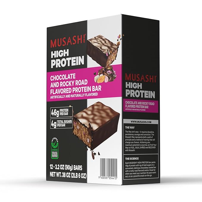 MUSASHI High Protein Bar, 45g Protein, 2g Total Sugars, Rocky Road, Post Workout and Protein Snack On The Go, 12 Pack of 3.2oz (90g) Bars