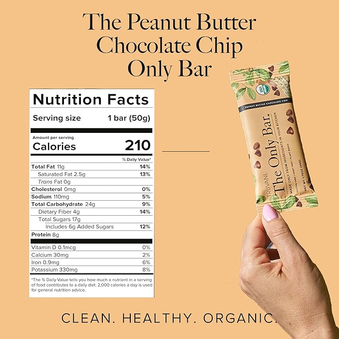 Truvani Plant Based Snack Bars | Peanut Butter Chocolate Chip 12 Pack | 8g Protein | USDA Organic and Vegan | The Only Bar | Dairy, Soy, and Gluten Free | Individually Wrapped