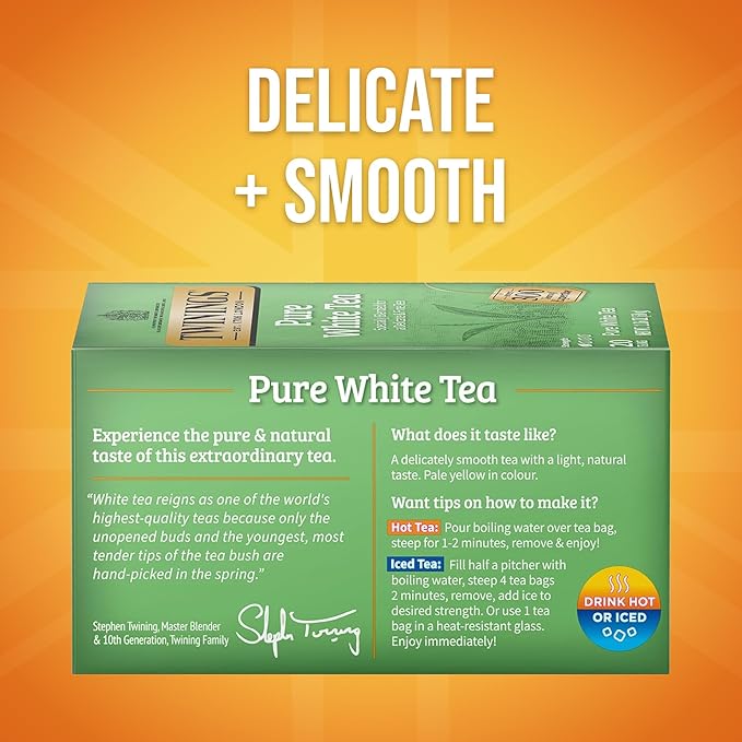Twinings Pure White Tea Individually Wrapped Bags, 20 Count (Pack of 1), Light & Fresh, Caffeinated, Enjoy Hot or Iced, 20 Teabags