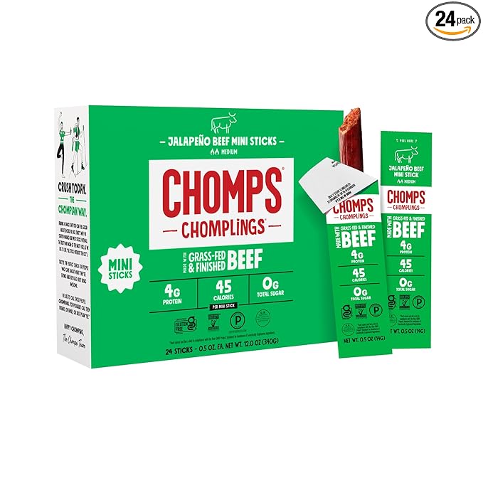 Chomps Snack Size Grass-Fed and Finished Jalapeño Beef Jerky Snack Sticks 0.5oz 24-Pack - Keto, Paleo, Whole30, 4g Lean Meat Protein, Gluten-Free, Zero Sugar Food, Non-GMO Chomplings