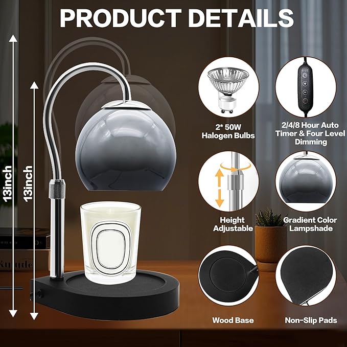 Candle Warmer Lamp with Timer 2H/4H/8H, Adjustable Height, Dimmable Candle Lamp with 2 Bulbs, Wax Melt Warmer for Jar Candles, House Warming, Home Decor, Birthday Gifts for Women, Mom(Black)
