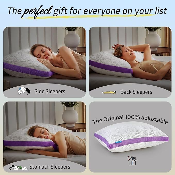 BETU Cooling Pillows Standard Size Set of 2, Shredded Memory Foam Cool Pillows for Hot Sleepers, Adjustable Firm Soft Support Bed Pillow Perfect for Back Neck Pain and Side Sleeping, Purple