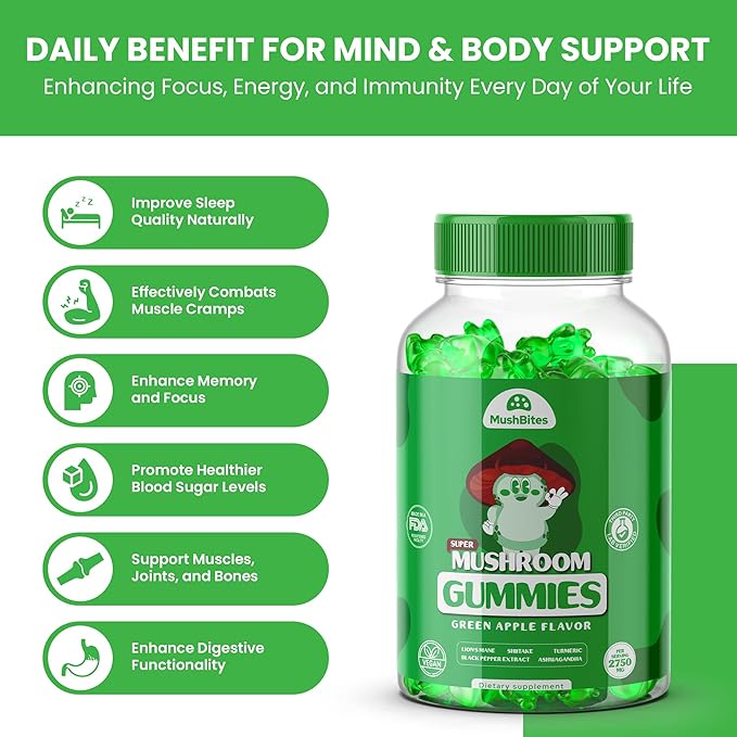 Organic Lions Mane Mushroom Gummies – Delicious Green Apple Flavor Lion's Mane Gummy – 10 Mushroom Superfood Blend – Supports Focus, & Clarity, Vegan 90 Ashwagandha Gummies