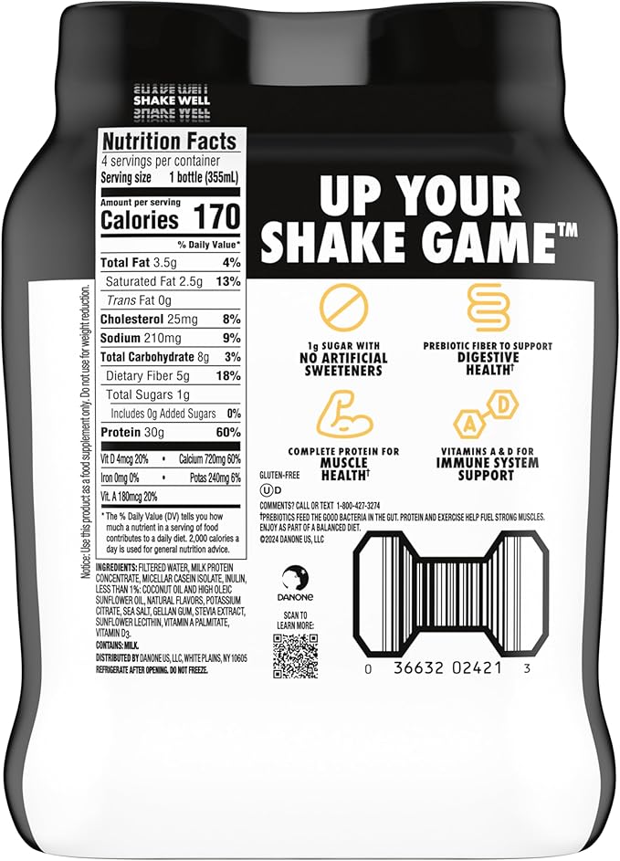 Oikos Protein Shake, Vanilla, 30g High Protein Drinks, Shelf Stable, Ready to Drink, 5g Prebiotic Fiber, 12 fl oz Bottle, 4 Count