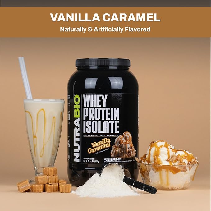 NutraBio 100% Whey Protein Isolate Protein Powder, 25g Protein with Complete Amino Acid Profile, Non-GMO, Soy & Gluten Free, Low Carb, Low Calorie Whey Protein Powder, Vanilla Caramel, 2 Lbs