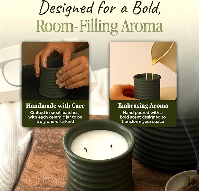 Scented Luxury Candles in Handmade Ceramic Jars, Soy Wax | Woody Wood โ Oud & Agarwood, Large Candle | Non Toxic, 2 Wicks, Reusable Big Olive Green Jar | Natural Spring Aromatherapy for Women & Men