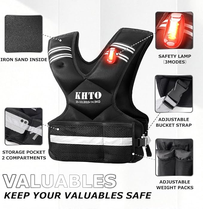 KHTO Adjustable Weighted Vest for Men and Women with Warning Light Reflective Strip,Large Weight Vest for Exercise Set Cardio and Strength Training (4-10lb/11-20lb/20-32lb)