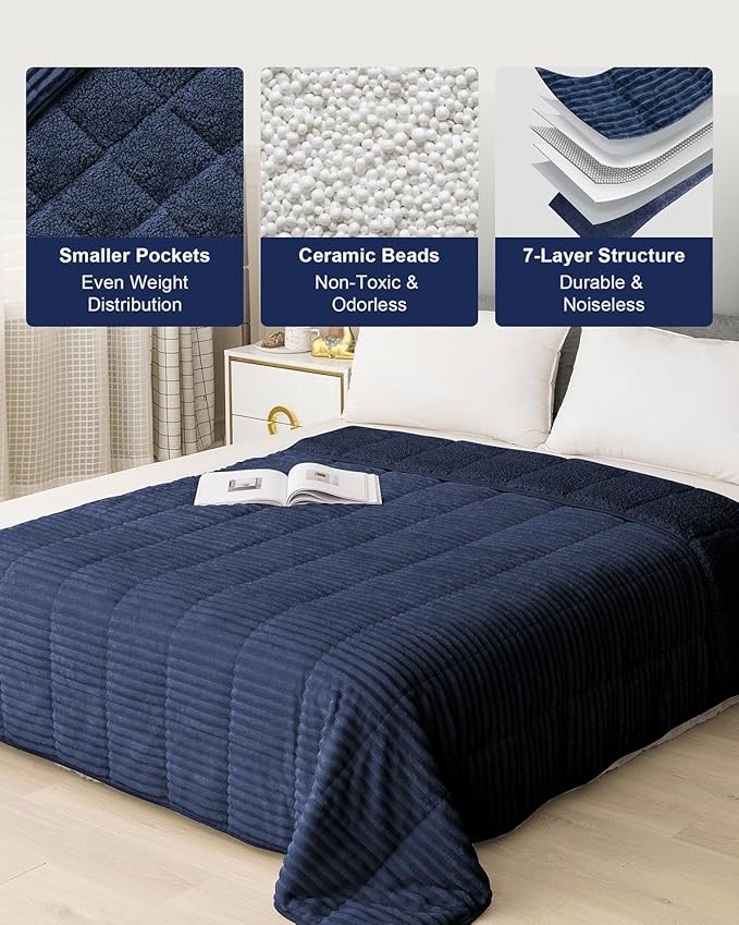 Sherpa Fleece Weighted Blanket with Ribbed Stripes for Adults, 15 lbs Dual Sided Cozy Warm Blanket for Couch Full Size Bed, Ceramic Beads Heavy Thick Blankets Great for Sleep, Navy Blue, 60" x 80"