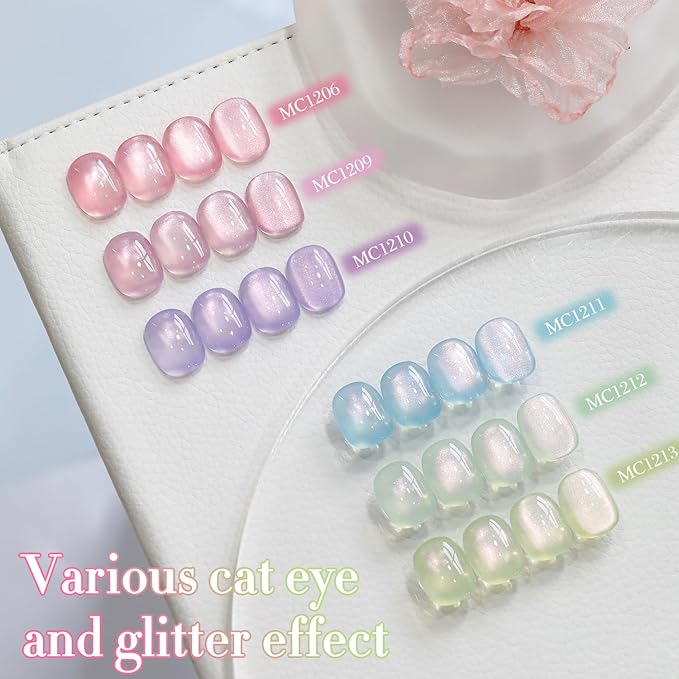 Double Rhythm 0.5 OZ Cat Eye Gel Polish with Magnet 15ML Holographic Glitter Shimmer Translucent Jelly Color Magnetic Nail Polish Salon DIY at Home (Green-MC1213)