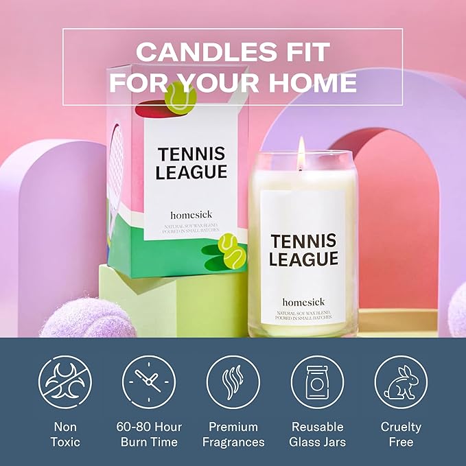 Homesick Scented Candles for Home (Tennis League) - 13.75 oz Long-Lasting Soy Wax Blend Jar Candle Gifts for Women & Men, 60-80 Hours Burn Time - Notes of Lime Blossom, Orange Flower, Salted Musk