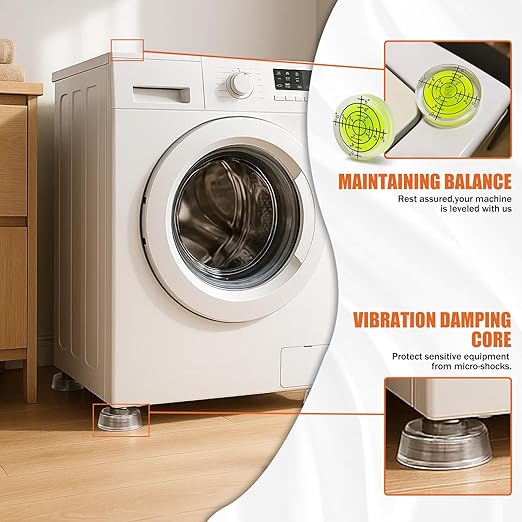 Anti Vibration Pads for Washing Machine - Transparent PU Washer Vibration Pads with Drain Groove & Free Level Tool, Noiseless Anti-Vibration Feet for Dryer, Dishwasher, Washer Leveling Mat, 4 Pack
