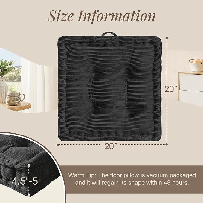 Square Floor Pillows for Adults Kids - Meditation Floor Pillow Seating Cushion - Tufted Floor Cushion with Shredded Foam & Velvet Cover, 1 Pack, 20x20 Inch, Gray