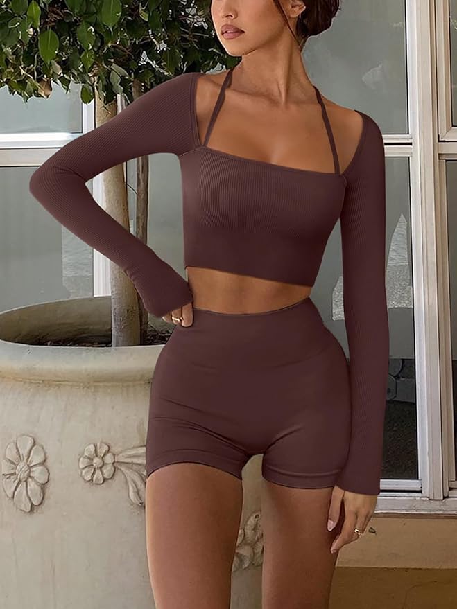 LASLULU Womens Sexy Square Neck Crop Top Ribbed Seamless Long Sleeve Workout Tops Halter Neck Athletic Yoga