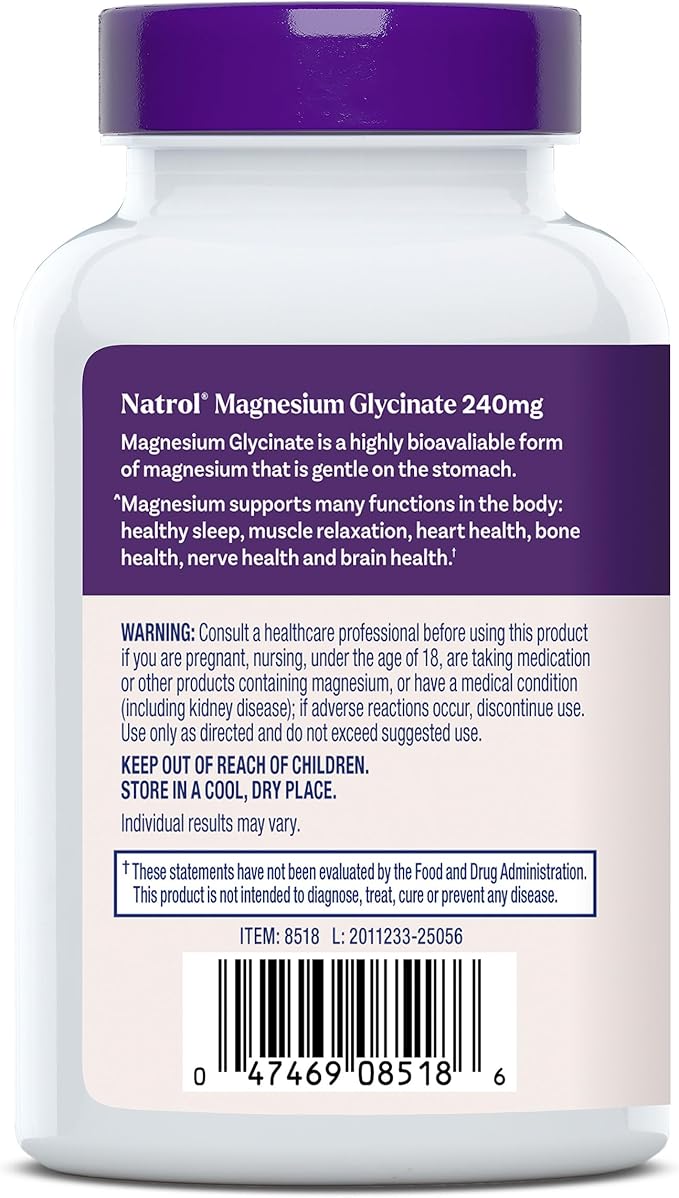 Natrol Magnesium Glycinate 240 mg, High Absorption Magnesium Supplement for Healthy Sleep and Body, 120 Capsules, Up to a 60 Day Supply