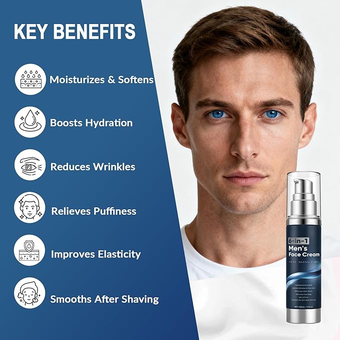 6 in 1 Face Cream for Men – Anti Aging Men’s Moisturizer with Collagen, Hyaluronic Acid and Shea Butter – Daily Skin Care – Reduce the Look of Eye Bags, Dark Circles and Puffiness – 1.76 fl oz (1)