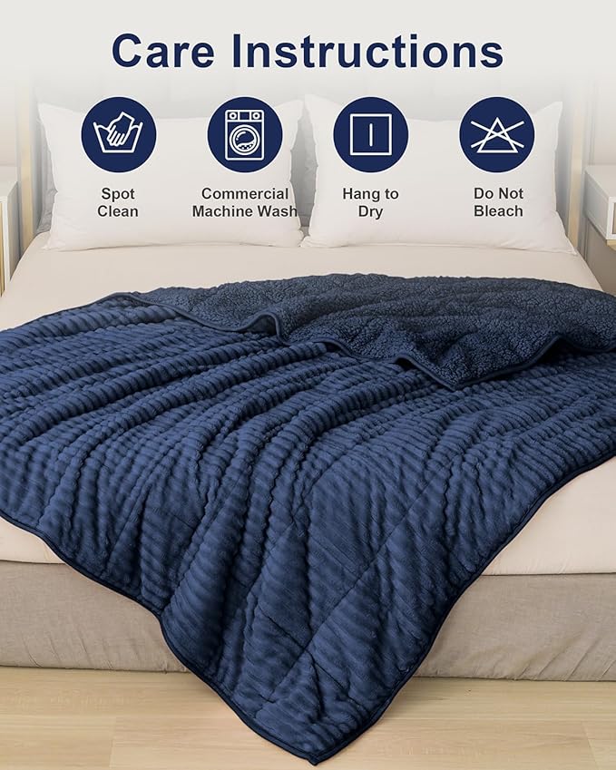 Sherpa Fleece Weighted Blanket with Ribbed Stripes for Adults, 15 lbs Dual Sided Cozy Warm Blanket for Couch Full Size Bed, Ceramic Beads Heavy Thick Blankets Great for Sleep, Navy Blue, 60" x 80"