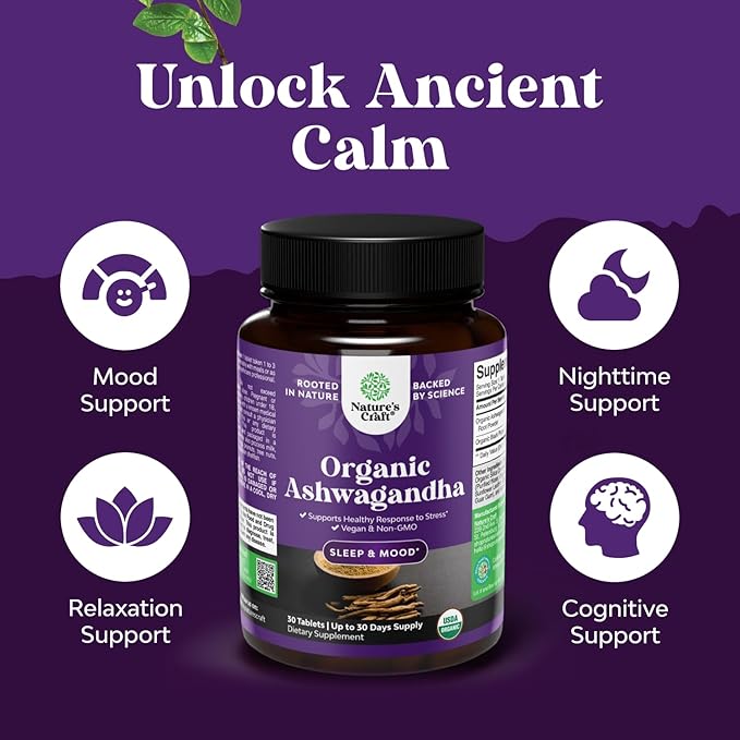 High Strength Organic Ashwagandha Supplements - Ashwagandha Organic Tablets for Mood Support & Hormone Balance for Women & Men - Root Extract Powder with Black Pepper for Better Absorption - 30 Ct