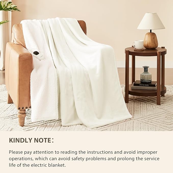 Homemate Electric Heated Blanket Queen Size - 84"x90" Heating Blanket Queen Size Dual Control 1/2/4/6/8 Hours Auto-Off 10 Heat Level Over-Heat Protection Flannel Sherpa ETL Certification