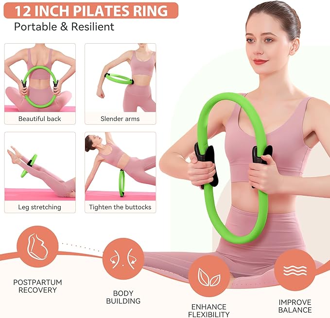 HASHMUST Pilates Ring Kit 12 PCS for Women, Home Workout Equipment with Magic Circle, Mini Exercise Ball, Resistance Bands, Massage Lacrosse, Yoga Strap, Full-Body Fitness Set for Toning & Gift