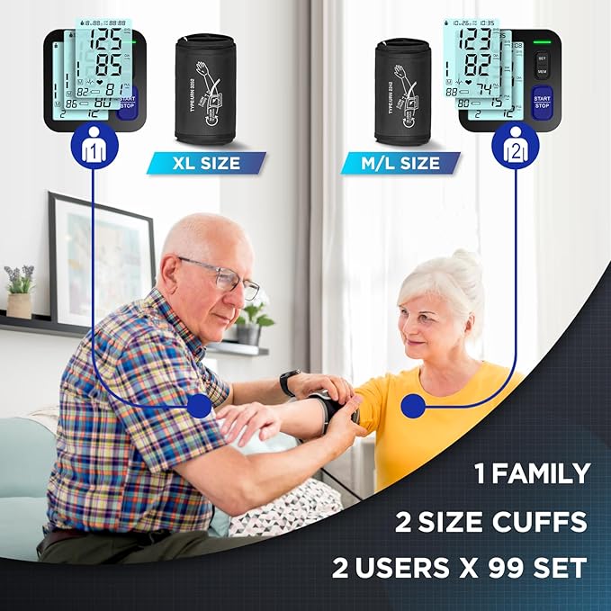 Blood Pressure Machine Upper Arm, 2 Size Cuffs Fit Arms from Medium 9"-17" to Extra Large XL Cuff 13"-21", Accurate Automatic Digital BP Monitor Home Use, Large Backlit LCD, BP Cuff with 2-User Mode