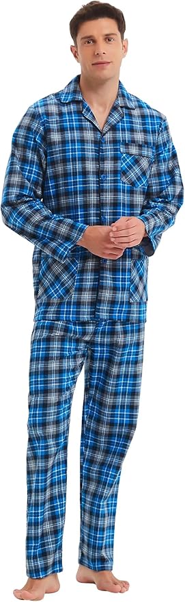 GLOBAL Men's Pajamas Sets 100% Cotton Flannel Sleepwear Long-Sleeve top & Bottom