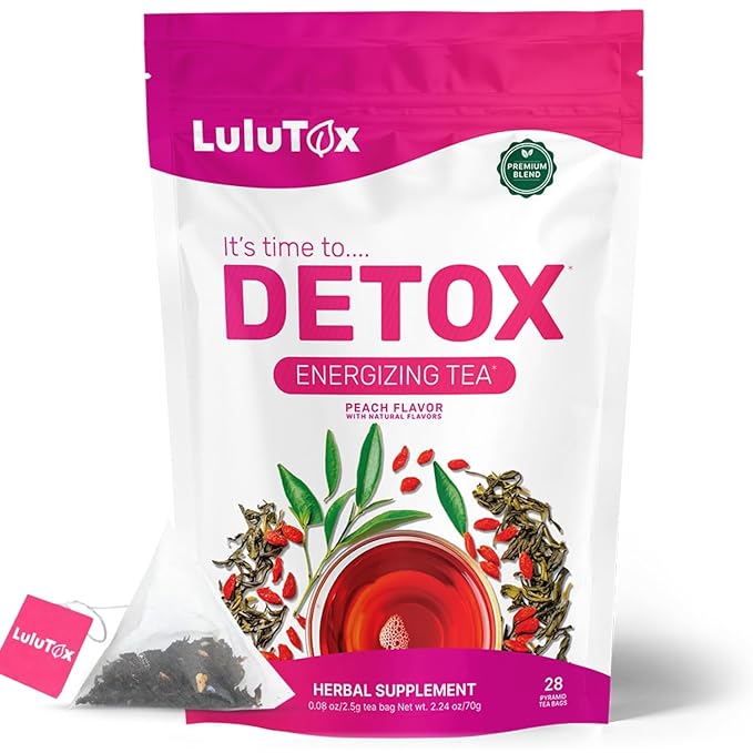 LULUTOX Detox Tea - Slimming Tea with Dandelion and Ginseng to Support Goals for Detox Cleanse, Flat Belly, Bloating, Healthy Weight and Digestive Health - Women & Men - Peach Flavor (28 Servings)
