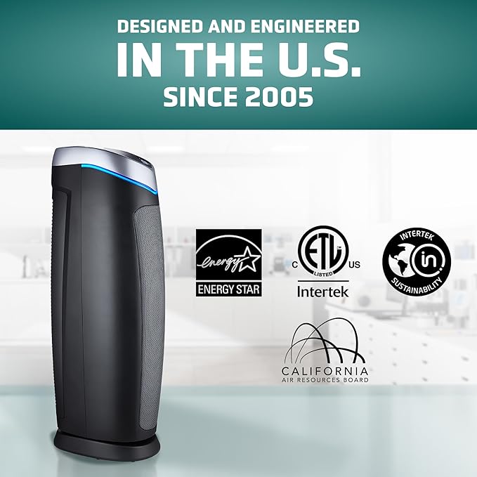GermGuardian 5-In-1 HEPA Air Purifier for Home, Large Rooms Up To 915 Sq. Ft. with HEPA Pet Air Filter, UV-C Light & Odor Reduction, AC5250PT, 28" Tower, Gray