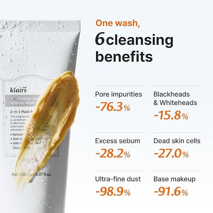 DearKlairs Freshly Juiced Vitamin Clay Mask Cleanser, Deep Pore Wash, Clear Radiant Skin, Glutathione, Tangerine peel powder, PHA, Niacinamide (5.07 fl.oz (Pack of 1))