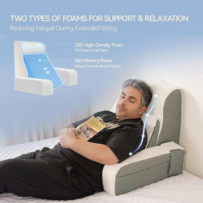 Kayfia Reading Pillow, 10 in 1 Back Pillow for Bed Sitting up with Detachable Arms Rest, Back Rest Pillow with Gel Memory Foam, Husband Pillow for Reading/Gaming/Working in Bed or Couch 21'', White