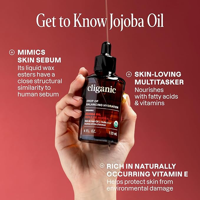 Cliganic Organic Jojoba Oil, 100% Pure (2oz) | Natural Cold Pressed Unrefined Hexane Free Oil for Hair & Face | Base Carrier (Packaging May Vary)