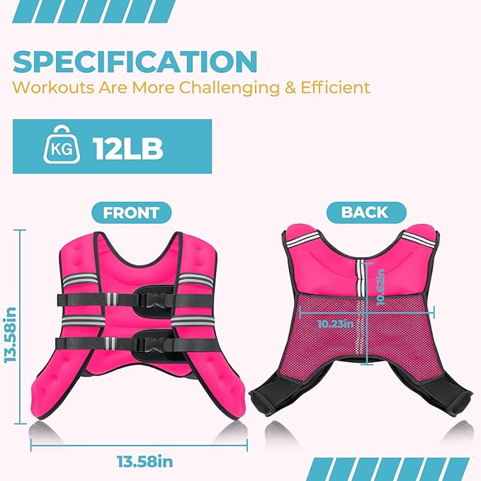 Weighted Vest, 12lb/16lb/20lb Weight Vest with Reflective Stripes for Men Women, Two Adjustment Straps for Workout, Strength Training, Running, Fitness, Muscle Building, Weight Loss