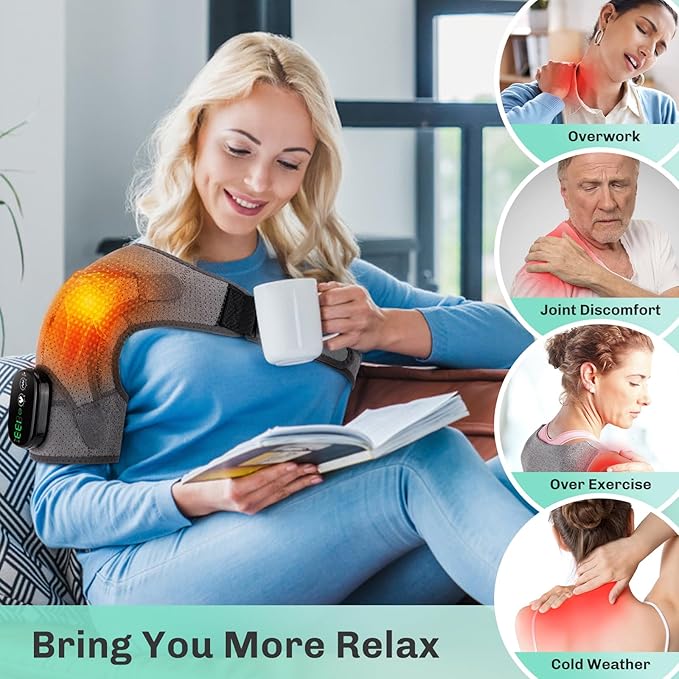 Cordless Shoulder Heating Pad with Massage, Heated Shoulder Brace – 3 Heat & Massage Settings, Shoulder Heating Pad for Pain Relief, Adjustable Shoulder Warmer for Men and Women