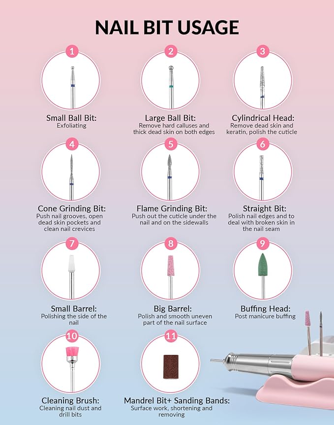 BAOSHISHAN Professional Nail Drill Machine, 20000RPM Electric Cordless Nail Drill with Base Pen Holder, Rechargeable Nail File 11 Drill Bits for Remove Gel Acrylic Nail