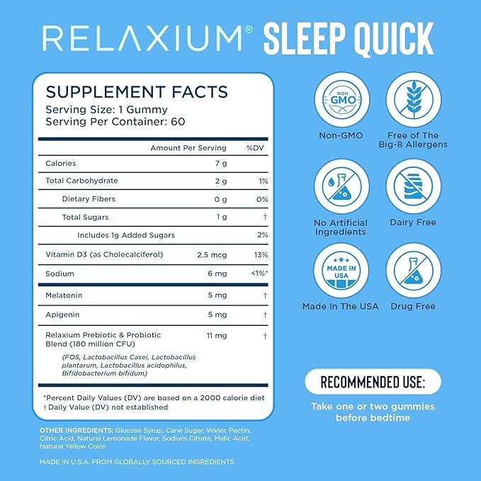 Relaxium Sleep Quick Gummy, Sleep Aid Support, 5 mg Melatonin, Vitamin D-3, Prebiotic & Probiotic Blend, Gluten & Drug Free, Lemon Flavor, 60 Gummies