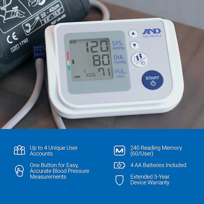 A&D Medical Blood Pressure Monitor for Home Use, UA-767F, Wide-Range Cuff (8.6-16.5"/22-42cm), 4 User, Easy to Use, Body Movement & Cuff Fit Detection Error, Batteries, Carrying Case