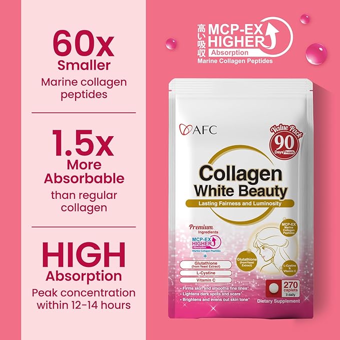 AFC Japan Collagen White Beauty with Marine Collagen Peptide, Glutathione, L-Cystine - 1.5X Better Absorption Than Other Collagen – Supports Skin Firmness & Radiance– 90 Days Supply