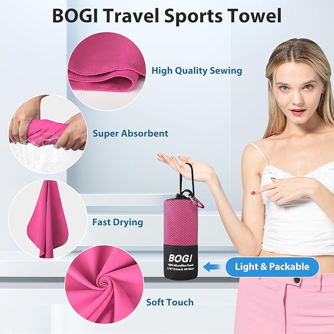BOGI Microfiber Travel Sports Towel-Quick Dry Towel, Soft Lightweight Microfiber Camping Towel Absorbent Compact Travel Towel for Camping Gym Beach Bath Yoga Swimming Backpacking (M:40''x20''-Hpink)