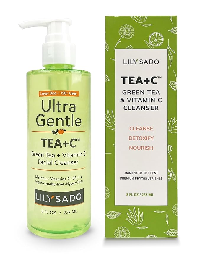 LILY SADO TEA+Cโข Green Tea & Vitamin C Face Cleanser โ Natural Vegan Antioxidant Daily Face Wash with Aloe, Rosehip, Meadowfoam - Gentle Deep Cleansing for Acne, Blackheads, Blemishes. 8 oz