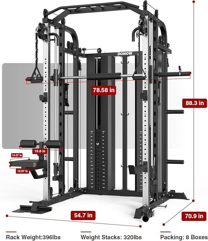 DONOW Smith Machine with Weight Stacks Home Gym Sytem Power Cage Squat Rack Dual Cable Crossover Machine All in One