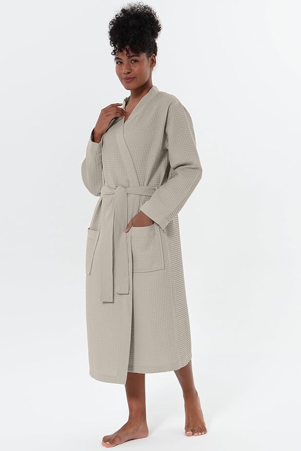 SEYANTE Womenโs Luxury Waffle Shawl Collar, Hooded Robe w Piping โ Lightweight, Long, Ultra Soft Spa Sleepwear Bathrobe