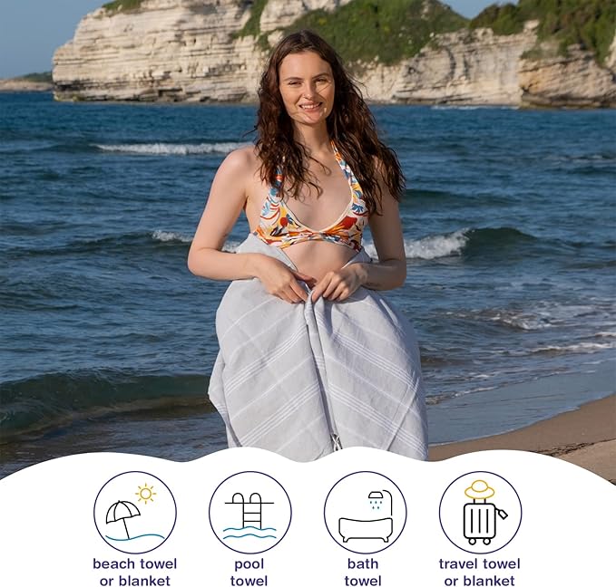 Turkish Beach Towels, Pack of 4 | Oversized, Quick Dry, Sand Free | 100% Cotton, Large 38x71 Towels for Beach, Pool, Travel | Ultra-Soft, Compact, and Absorbent | Light Gray