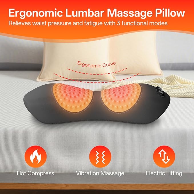 3-in-1 Electric Lumbar Support Pillow for Bed and Chair, Smooth Spine Triple Fusion Back Massager with Heated, Vibration and Traction for Lower Back Pain Relief and Spine Support
