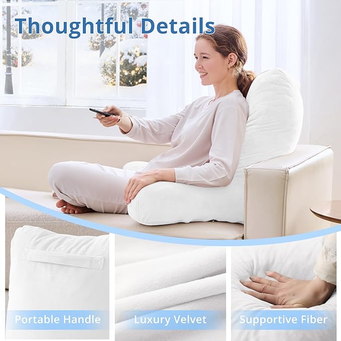 Sasttie 25-inch Reading Pillows for Sitting in Bed Adult, Jumbo Velvet Back Pillow Bed Sitting Up, XL High Back-Rest Support Cushion for Sit Up on Couch & Floor, Oeko-Tex Certified, White