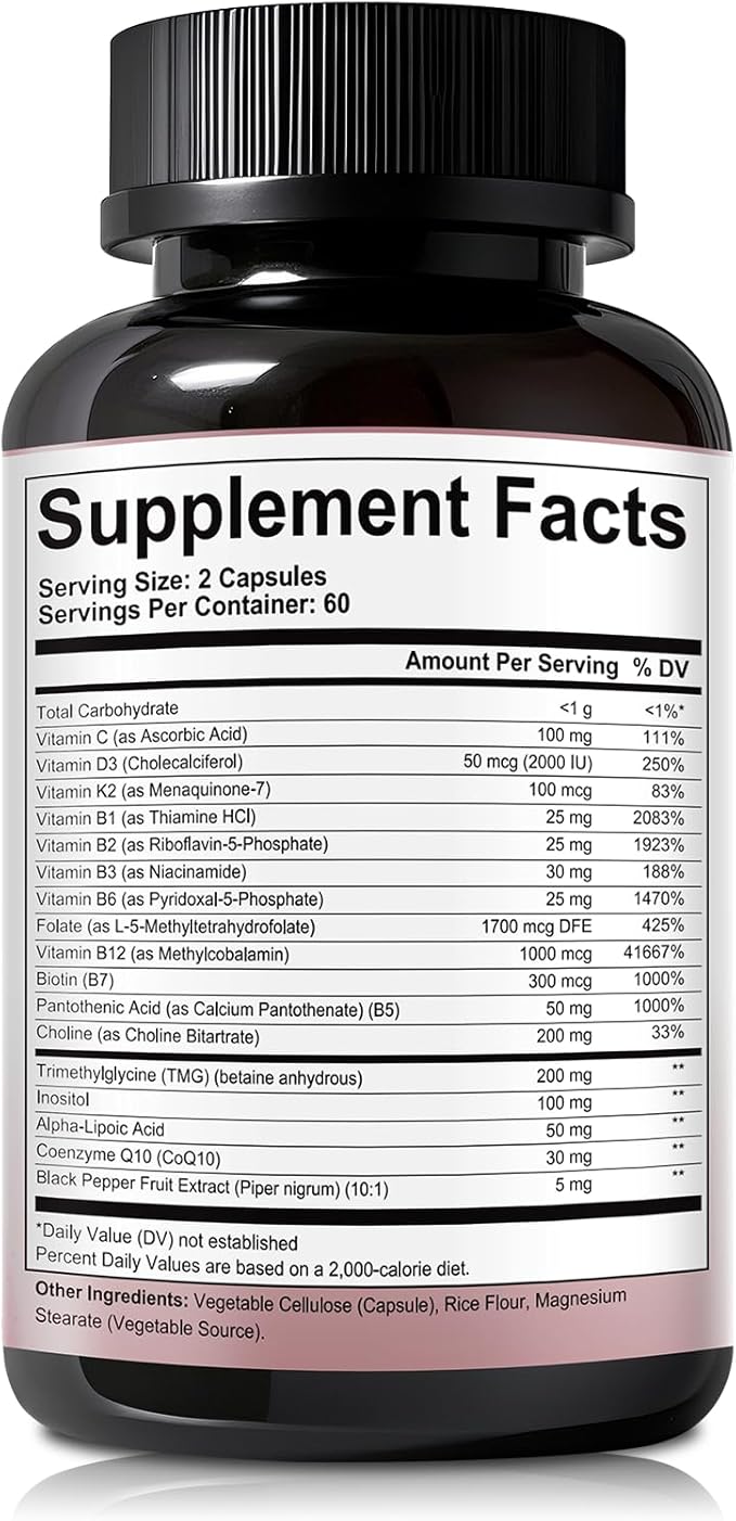 16-in-1 Methylated Multivitamin Plus, Methylated B Complex with Vitamin B12 & Methylfolate, B1-B7, CoQ10 & Alpha Lipoic Acid, Vitamin B Complex for Energy, Brain, Heart, Immunity &Antioxidant,120 Caps
