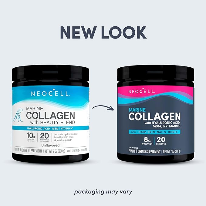 Neocell Marine Collagen with Hyaluronic Acid, MSM and Vitamin C, Keto Collagen Supplements, for Skin Care and Joint Health, Unflavored, Powder, 7 oz, 1 Canister