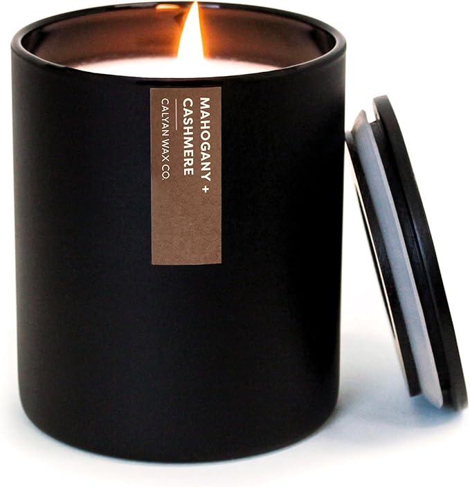 Calyan Wax Candle, Mahogany & Cashmere Scented Candle, 75 Hour Burn Time, Aromatherapy Soy Candles, Non Toxic & Vegan Soy Wax, Black Tumbler Scented Candles, 13oz