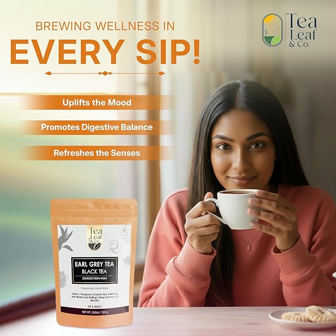 Tealeaf & Co. Earl Grey Black Tea Blended with Bergamot Extract (Loose Leaf Form) - Premium Sweet & Sour Flavored Tea - Contains Low Caffeine - Upto 50 Servings (3.52oz/100gm)