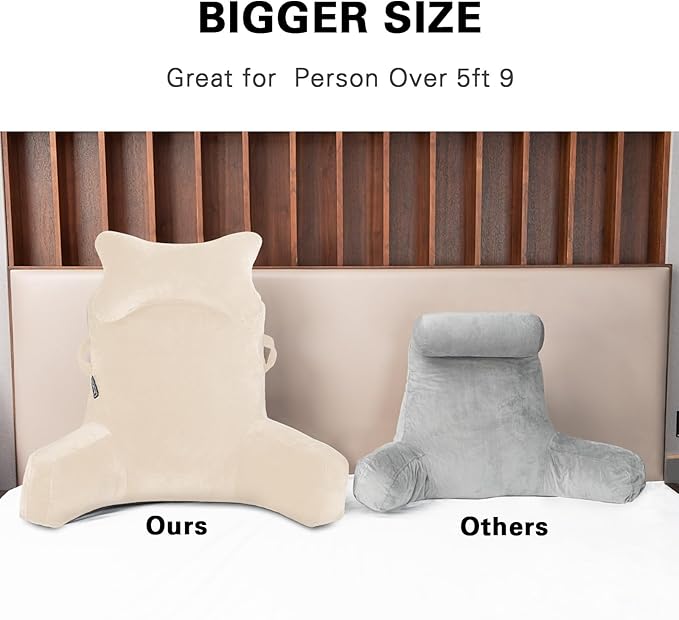 SLIGUY Reading Pillow-Bed Rest Pillow with Detachable Neck Roll & Higher Support Arm for Sitting in Bed Couch or Floor-Backrest Reading Pillow Adult Back Pillow for Reading/Watching TV/Gaming,Beige