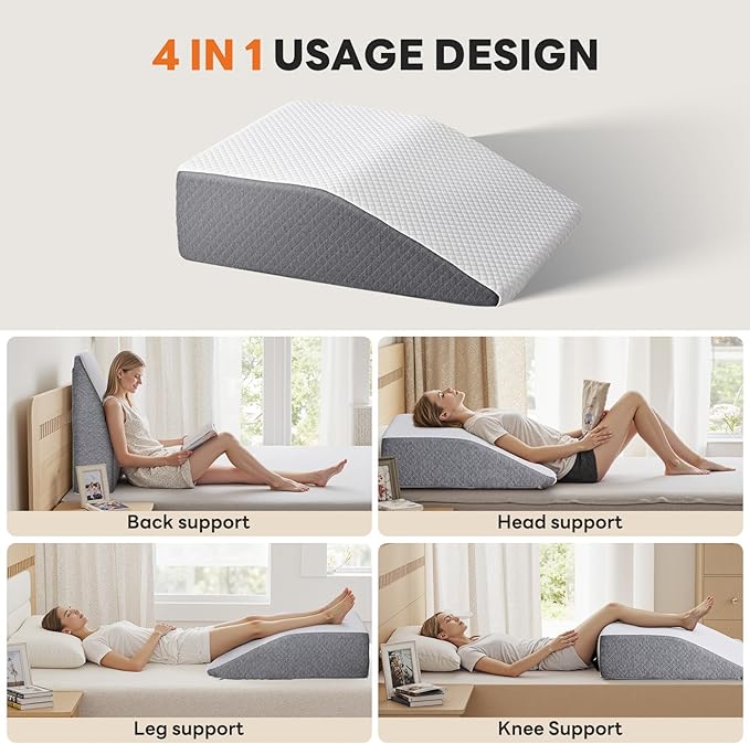 Sweetcrispy Wedge Pillow, Body Pillow for Sleep Apnea, Neck Pain Relief, Post Surgery, Sleeping Comfort, Acid Reflux, Heartburn, Back Pain Relief and Snoring, 7Inch, White& Grey