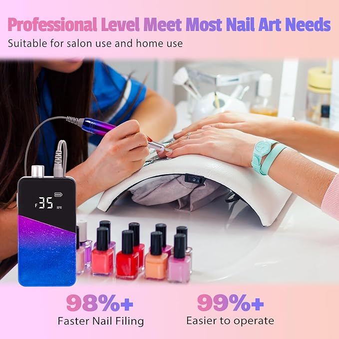 Nail Drill Portable Electric Nail File 35000RPM Electric Nail Drill Cordless Professional with Bits for Acrylic Gel Nails Nail E-File Machine Manicure Polishing for Salon Home (Snowflake Blue)